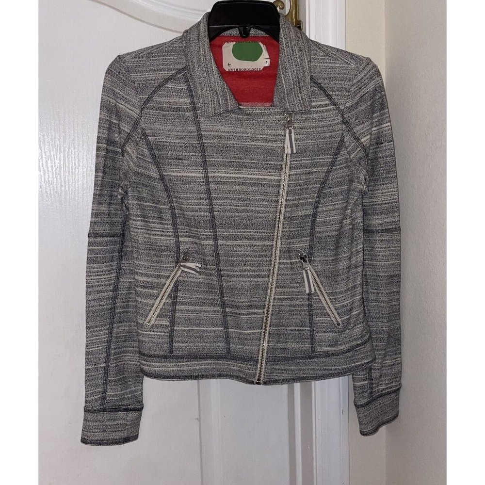 Anthropologie Womens Cotton Moto Jacket Front Zip XS XSmall Gray Ivory